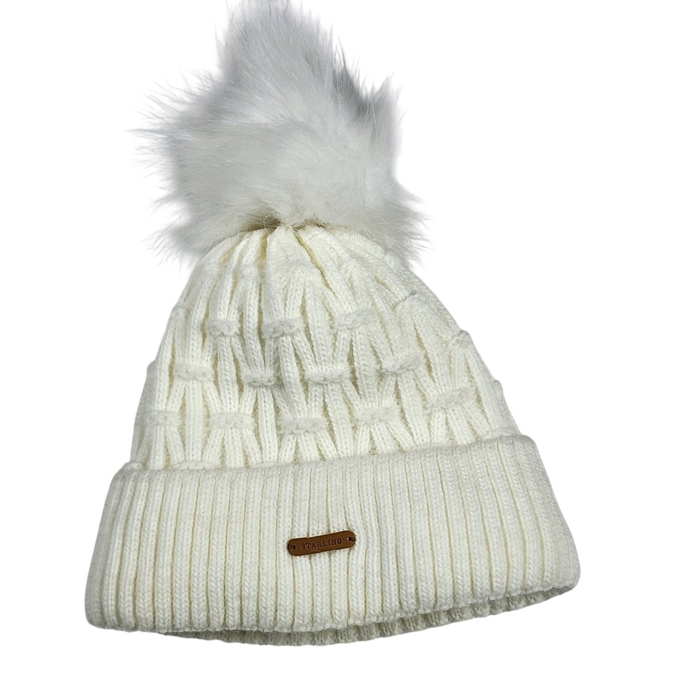 Starling Ivory Cable Knit Beanie Hat Wool Blend Pom Pom Fleece Lined One Size